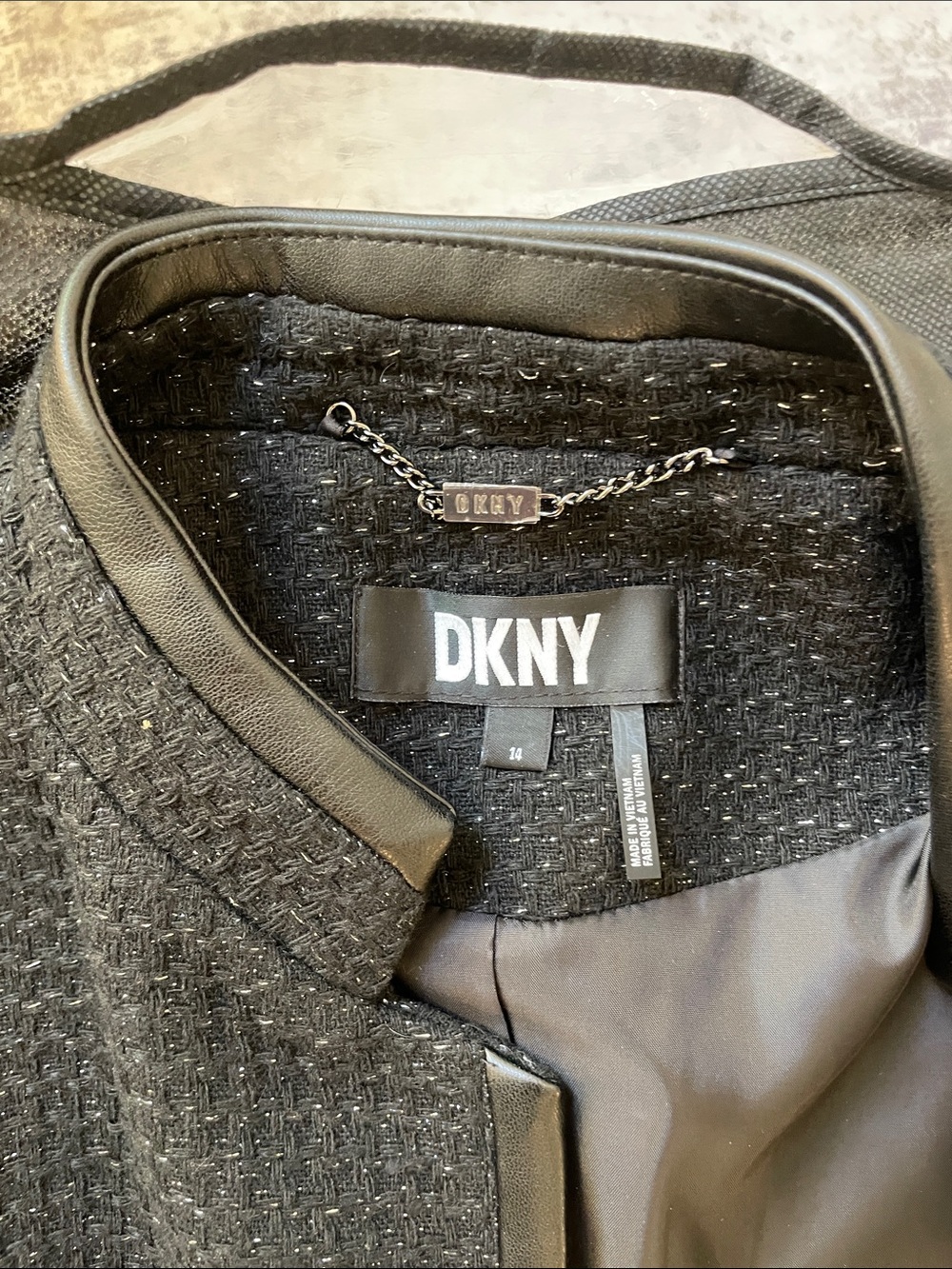 DKNY Black Tweed Collarless Blazer with Leather Trim - Picture 2 of 14